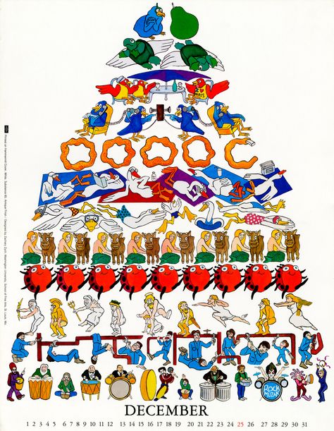 12 Days of Christmas conceived, designed and illustrated by Zak Zych Seven Swans A Swimming, Nine Ladies Dancing, Four Calling Birds, Pipers Piping, Three French Hens, Drummers Drumming, Two Turtle Doves, Five Golden Rings, Ladies Dancing