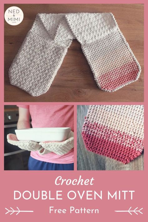 Crochet Double Oven Mitt by Ned & Mimi - the single crochet thermal stitch is perfect for hot-pads! And the two gloves means you use both hands - so clever! Crochet Thermal Stitch, Double Oven Mitt, Thermal Stitch, Crochet Pot Holders Free Pattern, Reverse Single Crochet, Kitchen Crochet, Crochet Potholder Patterns, Crochet Hot Pads, Dishcloth Crochet Pattern