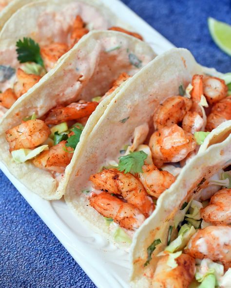 Shrimp Tacos - Like Mother Like Daughter Healthy Shrimp Tacos, Shrimp Cocktail Sauce, Greek Yogurt Sauce, Chicken Enchilada Soup, Enchilada Soup, Grape Salad, Like Mother Like Daughter, Frozen Shrimp, Shrimp Tacos