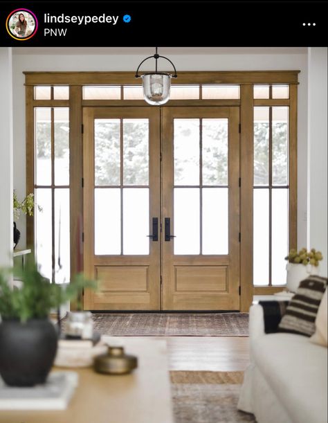 French Doors With Transom, French Entry Doors, Double Door Entryway, House Entry, Double Doors Exterior, House Redo, Wood Entry Doors, Bungalow Renovation, Double Entry