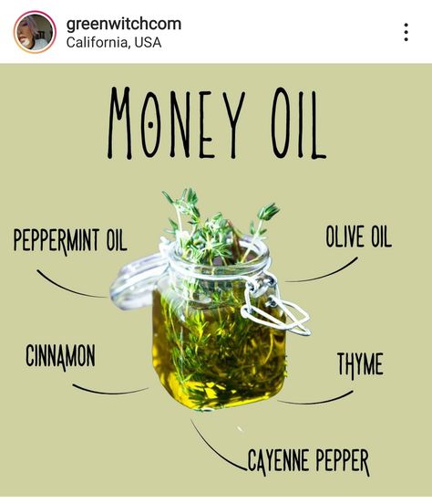 Money Oil Recipe, Money Oil, Money Spells Magic, Magick Oil, Wicca Recipes, Money Spells That Work, Magickal Herbs, Easy Spells, Magic Spell Book