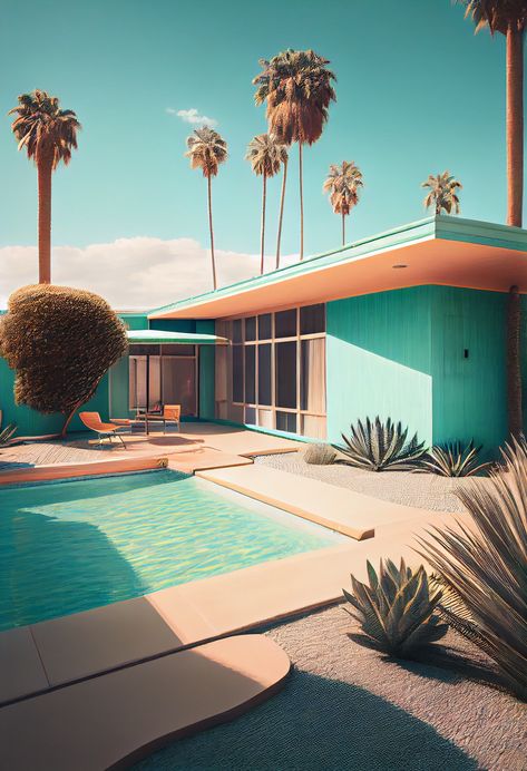 Soak up the sun and create your own paradise with this mid-century masterpiece! Enjoy the perfect harmony of house, pool, and palm trees that will make you feel like you're in the tropics. Would you buy a pack of these wallpapers if offered? #midcenturymodern #pool #palmtrees #retreat #vacation #designdesign #homedecor #wallpaperinspo #0101 Retro Palm Springs Aesthetic, Malibu Architecture, Homescreen Design, Interior 2024, Country America, Palm Springs Aesthetic, Palm Springs Architecture, Gods Country, Dreamscape Architecture