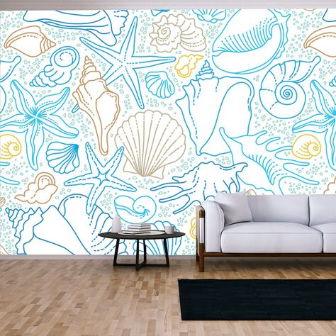 This is a beautifully colored piece! Full of many underwater or beach items that are sure to give your living room a beachy feeling! This can be customized to fit your needs. Please message for custom sizes if you do not see the size you need. Full Wall Painting Ideas, Pool Mural Ideas, Underwater Interior Design, Murals For Bedroom Wall, Seashell Mural, Beach Mural Painted, Daycare Mural, Cool Wall Murals, Beach Wall Painting