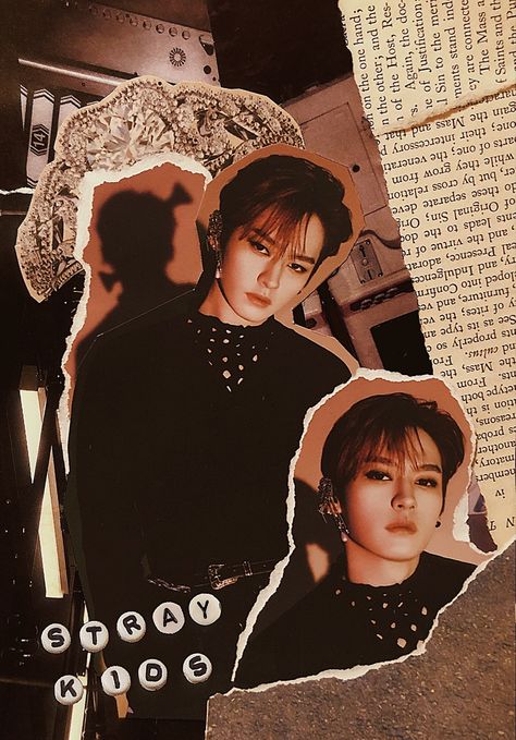 Stray Kids Scrapbook, Lee Know Scrapbook, Lee Know Journal Ideas, Skz Collage, Kpop Posters Lee Know, Lee Know Wallpaper Collage, Straykids Collage Wallpaper, Kpop Collage, Binder Deco