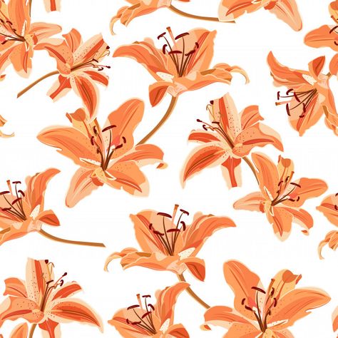 Vector Flower Pattern, Tiger Lily Wallpaper, Lilium Flower, Tiger Lily Flowers, Orange Lily, Graphic Flowers, Flower Seamless Pattern, Kalamkari Fabric, Botanical Flowers Print