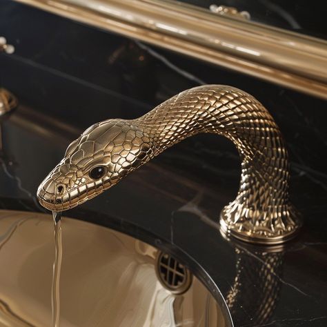 Introducing SerpentFlow: a sleek sink spout inspired by the graceful curves of a snake. With its polished surface and precise water flow, it adds elegance and functionality to any space. Conceptual AI Art Follow @ecosapiens for more! Snake Decor, Retro Bathrooms, Ab Studio, Unique Bathroom, A Snake, Water Flow, Bathroom Lighting, Fantasy Art, Design Inspiration