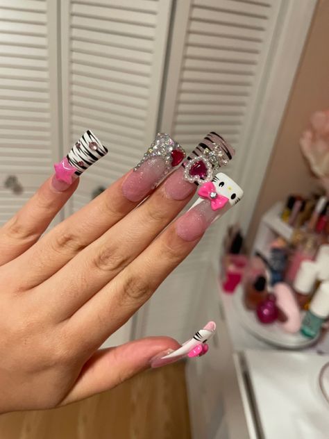 Duck Nails Cheetah Print, Yk2 Duck Nails, Coquette Duck Nails, Duck Nails Y2k Hello Kitty, Duck Nails Hello Kitty, Cheetah Print Duck Nails, Y2k Hello Kitty Nails, 2000s Duck Nails, Duck Nail Designs Y2k