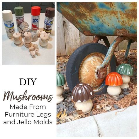 DIY Mushrooms from Furniture Legs and Jello Molds Jello Molds Repurposed, Diy Mushrooms, Diy Mushroom, Vintage Jello, Vintage Jello Molds, Jello Mold, Jello Molds, Repurposed Wood, Grandma's House