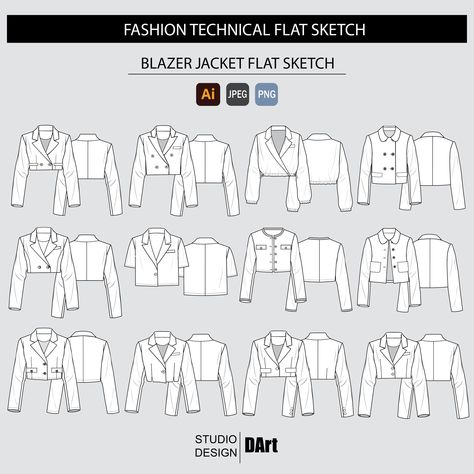 This is a digital template of a Blazer Jacket Fashion Vector Flat Design. This is a correctly proportioned fashion flat sketch with all construction details accurately drawn and visible. The sketches are ready to use either as is or as a basis for your design development. The drawing can be recolored, adjusted, and edited as you need. The sketches are fully editable using Adobe Illustrator. This is a digital, INSTANT DOWNLOAD product. No item will be shipped. WHAT'S INCLUDED: . Vector flat sketc Jacket Flat Sketch, Flat Sketches Fashion, Model Blazer, Blazer Court, Fashion Flat Sketch, Jacket Drawing, Flat Drawings, Sketch Fashion, Fashion Vector