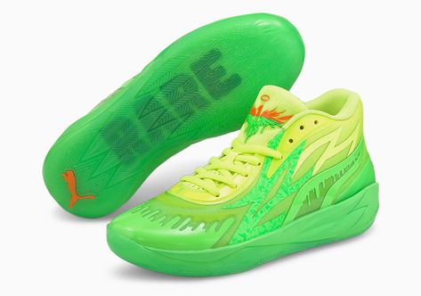 PUMA MB.02 "Slime" Release Date 377584-01 | SneakerNews.com Lamelo Ball Shoes Rick And Morty, Luxury Green Breathable Basketball Shoes, Green High-top Basketball Sneakers, Lamelo Ball Shoes Mb.02 Rick And Morty, Lime Green Basketball Shoes, Nickelodeon Slime, Zapatillas Nike Basketball, Kids Choice Awards, Lamelo Ball