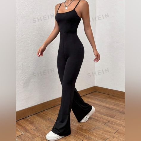 Solid Flare Leg Cami Jumpsuit Runs A Little Big Medium Stretch 95% Polyester, 5% Elastane White Flare Pants, Flair Pants, Wide Leg Lounge Pants, Flower Pants, Cami Jumpsuit, Flare Yoga Pants, White Flares, Flare Jumpsuit, Flared Leggings