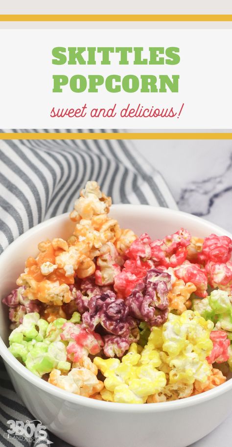 Check out this Skittles Popcorn Recipe! The bright colors and fun flavors make this an irresistible snack. Skittles Popcorn Recipe, Colored Popcorn Recipe, Homemade French Fries, Homemade Popcorn, Popcorn Recipe, Candy Popcorn, Crunchy Cookies, Birthday Desserts, Popcorn Recipes