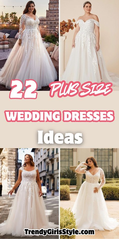 Image collage showcasing four plus size wedding dresses with "22 Plus Size Wedding Dresses Ideas" text in pink and white. Features elegant A-line and ball gown silhouettes with intricate lace details, off-shoulder necklines, and flowing tulle skirts. Dresses include long-sleeve options and cap sleeve designs, photographed in both outdoor urban settings and classic studio environments. Wedding Gown For Large Bust, Off Shoulder Wedding Dress Curvy, Bridal Gowns For Curvy Brides, Destination Wedding Dress Curvy, December Wedding Dress Plus Size, Flattering Wedding Dress For Big Arms, Best Wedding Dresses For Big Bust, Wedding Gown For Plus Size Bride, Wedding Dresses Curves Curvy Bride