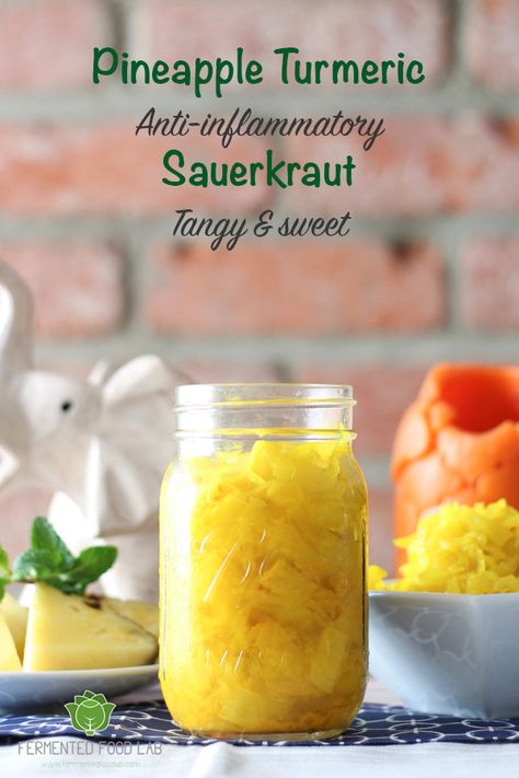 Pineapple Turmeric Sauerkraut and Gut Shots recipes. A crowd pleasing combination that is tangy, sweet and refreshing, anti-inflammatory and probiotic. Gut Shots, Shots Recipes, Resep Vegan, Ginger Bug, Fermented Veggies, Fermentation Recipes, Fermented Vegetables, Probiotic Foods, Food Lab