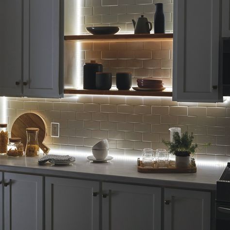 1. Can be cut every 2 In. for customized length 2. peel-and-stick with 3 m adhesive tape - plug-and-play design 3. dimmer switch control - from 10-100%. Utilitech LED Cool White Strip Light in Clear | LR0006-LED16K8040 Led Strip Lights Under Kitchen Cabinets, Kitchen Accent Lighting Ideas, Decorations For Above Kitchen Cabinets, Led Strip Lights Around Window, Led Backlighting Ideas, Kitchen Under Counter Lighting, Kitchen Cabinets Lights, Modern Apartment Decor Kitchen, Kitchen Lights Under Cabinets