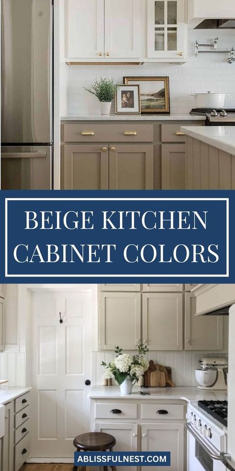 Beige kitchen cabinet colors are like a warm hug for your home. They're super versatile and match almost any style, whether you're into modern farmhouse or classic vibes. Discover the beauty of beige kitchen cabinets and transform your culinary space into a haven of style and comfort. #beigekitchencabinets #kitcheninspiration #homedecor Cream Beige Cabinets Kitchen, Canvas Tan Kitchen Cabinets, Balanced Beige Kitchen Cabinets, Light Beige Cabinets Kitchen, Taupe And Blue Kitchen, Creamy Beige Kitchen Cabinets, Taupe And White Kitchen, Beige Kitchen Cabinet Colors, Beige Cabinets Kitchen