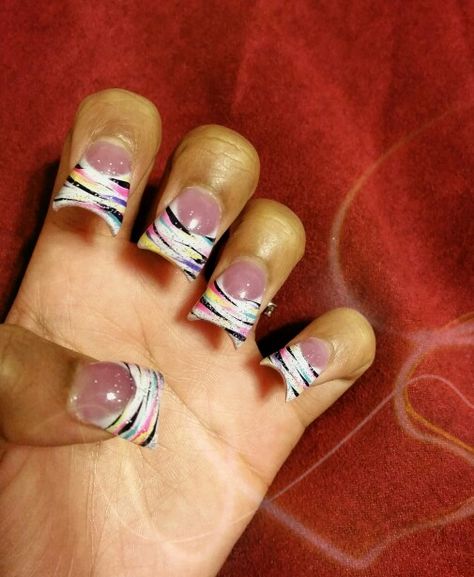 Hand painted zebra print French with color.  #nailart French With Color, Zebra Nails Acrylic French Tip, Duck Bill Nails, Zebra Print Duck Nails, Zebra Nails Y2k, Pink Zebra Print French Tip Nails, Zebra French Tip Nails Y2k, Rainbow Zebra Print, French Tip Acrylics