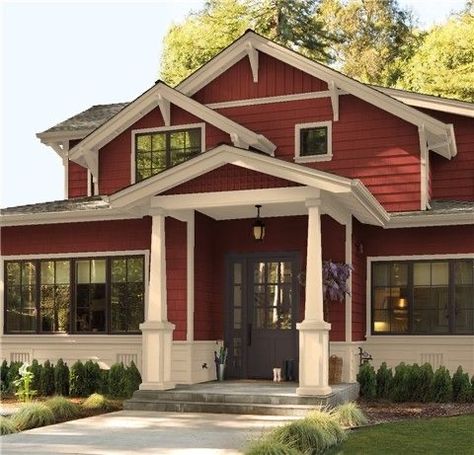 Red Siding House Exterior, Gloucester Sage, Red House Exterior, Brown House Exterior, Best Exterior House Paint, Benjamin Moore Exterior, Red Houses, House Paint Color Combination, Craftsman Exterior