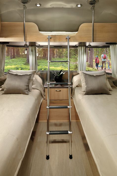 Breaking out the Bunks | New Bunk Bed for Flying Cloud and International Airstream Bunk Bed Ideas, Bunk Beds Bus, Skoolie Floor Plan With Bunks, Rv Loft Bed Ideas, Bus Beds, Husvagn Makeover, Rv Bunk Beds Ideas, Portable Bunk Beds, Camper Bunk Beds