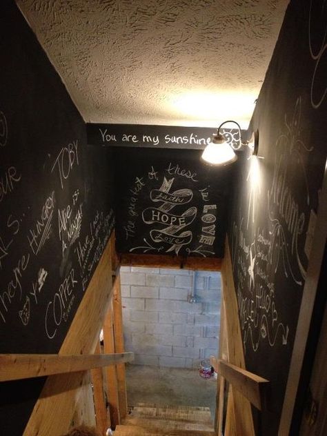 chalkboard paint in the stairwell, chalk paint, chalkboard paint, paint colors, painting, wall decor Basement Stairwell Ideas, Basement Stairwell, Stairway Walls, Stairwell Ideas, Chalkboard Wall Bedroom, Stairwell Wall, Rustic Fence, Inspiring Places, Funky Junk Interiors