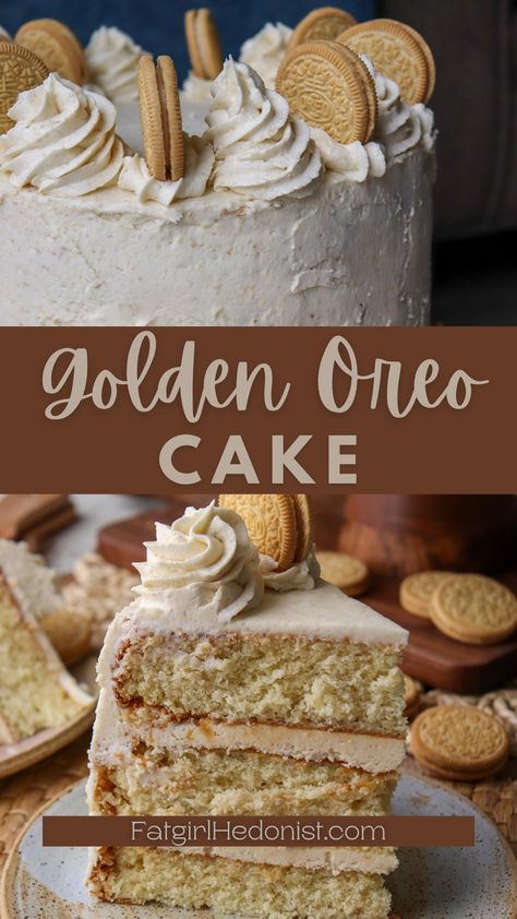 Golden Cake Recipe, White Reeses Cake, Golden Oreo Cupcakes, Golden Oreo Birthday Cake, 3 Layer Cake Recipes, Golden Oreos Desserts, Dessert With Golden Oreos, Oreo Cake Decorating Ideas, Golden Oreo Desserts