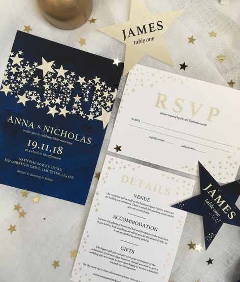 Celestial wedding stationery collection, dark blue watercolour and pale gold, from www.lettersfromemily.com. Collection includes wedding invitations, details cards, rsvp, place names, table numbers, seating plans, menus and save the dates. All of my ready made collections are customisable and I also offer a completely bespoke service. Foiling options are also available. Blue And Silver Invitations, Wedding Blue And Silver, Wedding Invitations Navy Blue, Silver Invitations, Table Place Names, Mermaid Bride, Backless Lace Wedding Dress, Watercolour Background, Silver Invitation