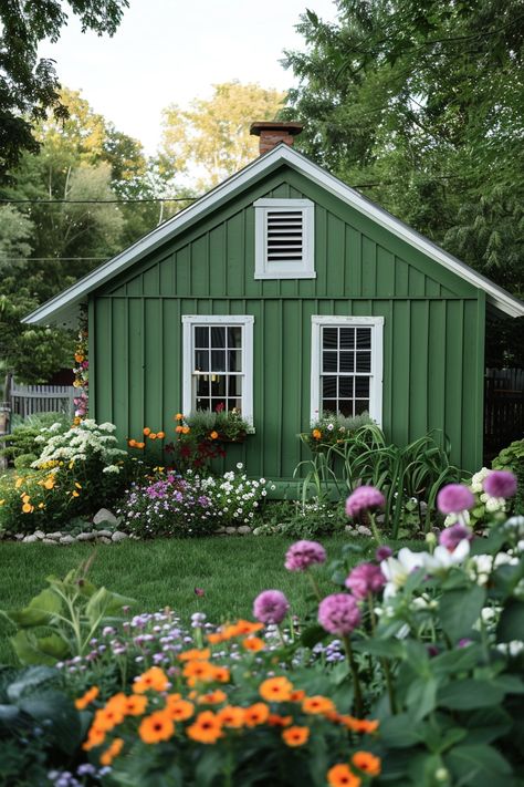 Tennis Pavilion, Shed Color, Green Home Exterior, Modern Farmhouse Exterior Colors, Paint Combos, Farmhouse Exterior Colors, Farmhouse Sheds, Exterior Siding Options, Green House Exterior