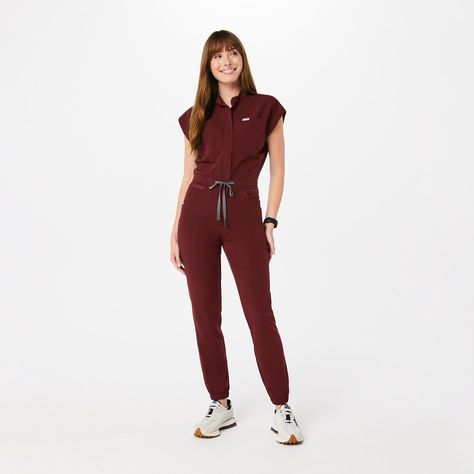 Official FIGS® Scrubs. Ridiculously Soft Scrubs Designed Just For You. Get Free Shipping On Orders $50+! | FIGS Womens Burgundy Rafaela - Cargo ScrubJumpsuit™ Burgundy Scrubs, Cargo Jumpsuit, Burgundy Jumpsuit, Scrubs Outfit, Figs Scrubs, Lab Coats, Awareness Ribbon, Top Graphic Tees, Awareness Ribbons