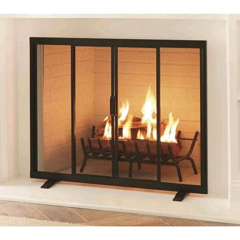 Modern Fireplace Screen, Fireplace Screens With Doors, Sliding Screen Doors, Fireplace Doors, Fireplace Cover, Black Fireplace, Fireplace Logs, Fireplace Tool Set, Fireplace Screen