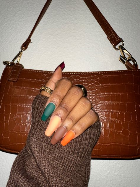 plum purple, orange, light orange, dark green nails; matte nail with glossy french tip Dark Green Nails Matte, Green Nails Matte, Glossy French Tip, Dark Green Nails, Nails Matte, Matte Nail, Thanksgiving Nails, Orange Light, Plum Purple