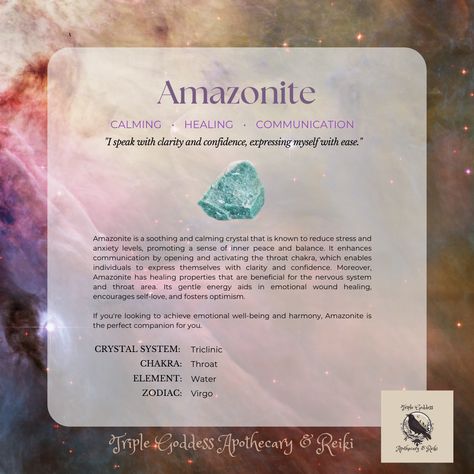 Amazonite Crystal, a vibrant turquoise gemstone, is valued for its calming properties that help balance emotions and promote inner peace. Learn more at Triple Goddess Apothecary & Reiki #triplegoddessapothecaryandreiki #crystals  #witchcraft #pagan Crystals Witchcraft, Amazonite Crystal, Triple Goddess, Wound Healing, Crystal Grid, Emotional Wellness, Healing Properties, Turquoise Gemstone, Apothecary