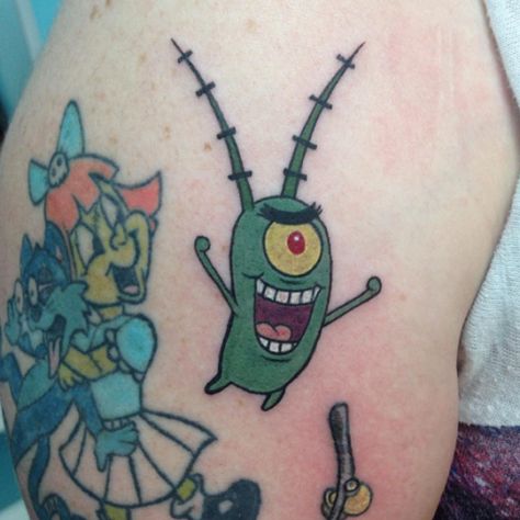 Plankton Tattoo, Tato Naruto, Plankton Spongebob, Spongebob Tattoo, Spongebob Cartoon, Cartoon Tattoo, Epic Tattoo, Theme Tattoo, Modern Tattoos