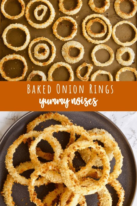 Baked Onion Rings - These super crunchy onion rings are coated in seasoned panko breadcrumbs and baked for a lighter take on an indulgent dish! | YummyNoises.com Oven Baked Onion Rings, Baked Onion Rings, Baked Onion, Chipotle Ranch Dressing, Burger Side Dishes, Onion Rings Recipe, Baked Onions, Onion Ring, Vidalia Onions