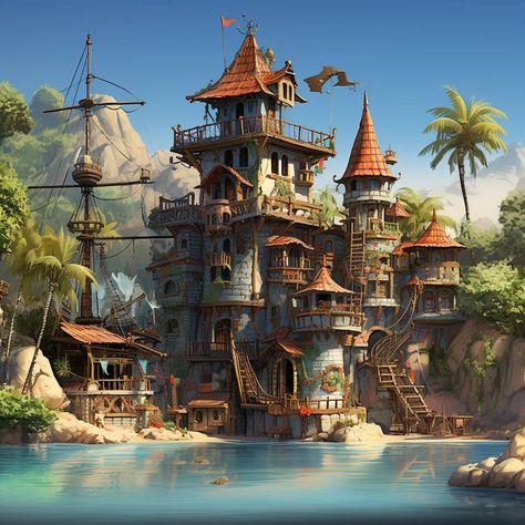 Pirate Island Concept Art, Pirate Castle, Fancy Pirate, Pirate Town, Wizard Core, Fisherman Village, Pirate Island, Planet Coaster, Den Ideas