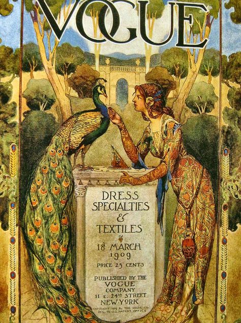 Vogue, 18 March 1909 Arts and Crafts movement full of rich colours and  organic lines. Art Deco Vogue, Frederick Leighton, Movement Fashion, Art Nouveau Fashion, Art Calendar, Vogue Covers, China Painting, Alphonse Mucha, Poster Retro