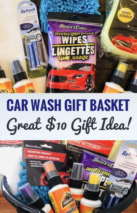 This Dollar Tree Car Wash Gift Basket is a great gift idea for men or teenage boys. It's also perfect for a raffle prize or secret santa gift! #dollartree #dollartreefinds #giftbaskets #giftbasketsformen #giftbasketideas Car Gift Basket, Gift Card Bouquet, Gift Card Holder Diy, Dollar Tree Gifts, Raffle Basket, Boyfriend Gift Basket, Baskets For Men, Gift Baskets For Men, Raffle Baskets