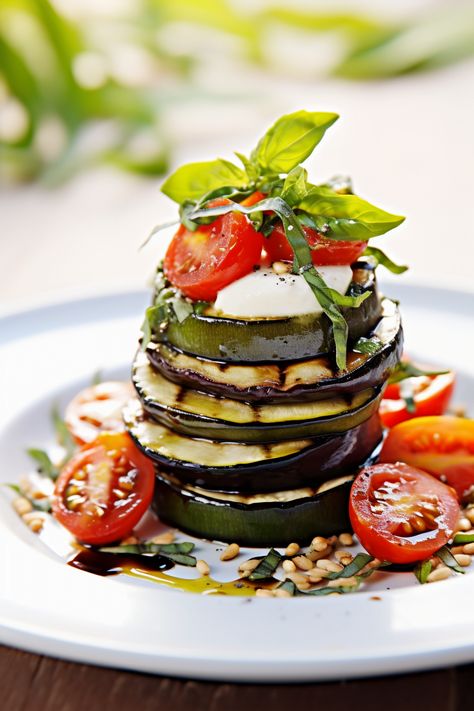 Savour the Mediterranean Flavours: Grilled Zucchini and Eggplant Stack with Basil Pesto Recipe #mediterraneandiet Eggplant Appetizers, Eggplant Dinner, Zucchini And Eggplant, Eggplant Appetizer, Homemade Basil Pesto, Basil Pesto Recipe, Mediterranean Appetizers, Basil Pesto Recipes, Food Decorating