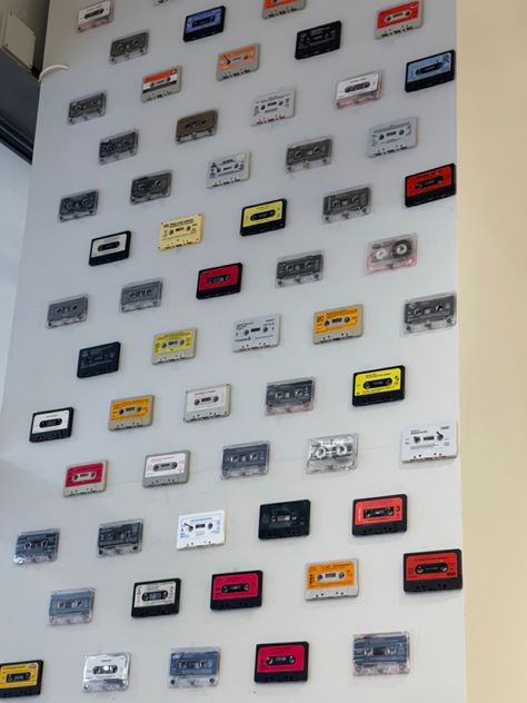 Cassette Tape Display, Hanging Records, Cassette Tape Wall, Cassette Wall, Presidential Suite, Tape Wall, Corner Seating, String Wall Art, Music Room Decor