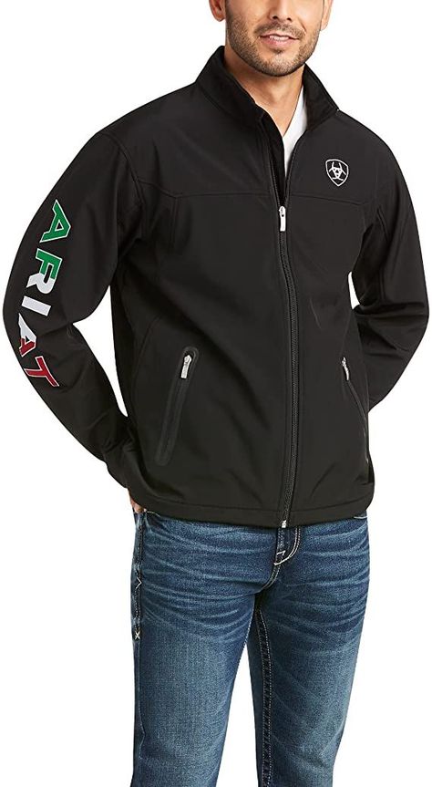 Ariat Men's New Team Softshell Mexico Water Resistant Jacket Ariat Mens Outfits, Mexico Jacket, Ariat Jacket, Puffer Jacket Men, Motorcycle Jacket Mens, Aviators Women, Water Resistant Jacket, Puffer Jacket Women, Aviator Jackets