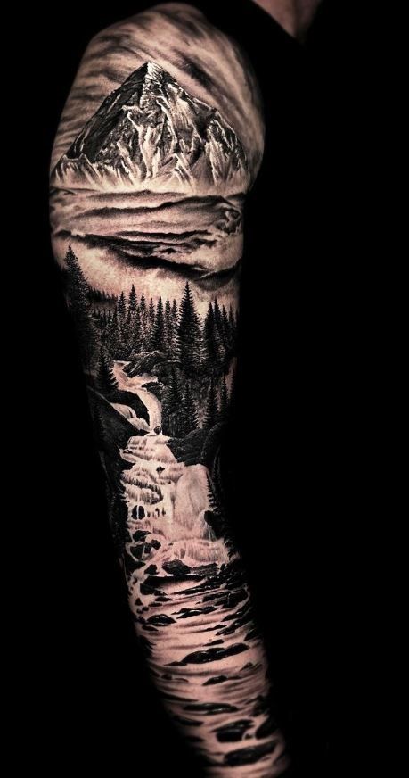 185 Realistic Tattoos That Challenge Reality - Tattoo Me Now Tattoo Sleeve Men Realism, Mountain Tattoo Sleeve For Men, Full Sleeve Nature Tattoo, Full Nature Sleeve Tattoo, Mountain And Waterfall Tattoo, Outdoor Scene Tattoo, Outdoor Sleeve Tattoo Men, Spooky Forest Tattoo, Realism Tattoo Sleeve For Men