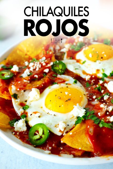 A white plate filled with Chilaquiles Rojos with fried eggs on top. Chilaquiles Rojos Recipe, American Comfort Food Recipes, Brunch Sides, Comfort Food Desserts, Mexican Side Dishes, Brunch Casserole, Mexico Food, Mexican Cooking, Tex Mex Recipes