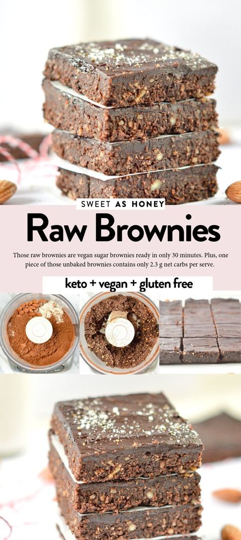 Vegan Keto Raw brownies, NO sugar, 2.3 g net carb per slice. #rawbrownies #nobake #veganbrownies #keto #ketobrownies #lowcarb #easybrownies #brownies Sugar Free Brownies, Raw Brownies, Raw Snacks, Raw Vegan Desserts, Keto Vegan, Vegan Brownie, Cake Vegan, Vegan Sugar, Keto Brownies