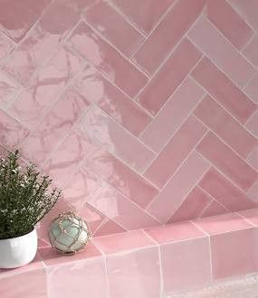 Pink Chevron Tiles Bathroom, Soft Pink Tiles Bathroom, Pink Vertical Tiles, Pink And White Bathroom Tiles, Pink Kids Bathroom, Pink Utility Room, All Pink Bathroom, Pink Tiles Kitchen, Pink Shower Tile