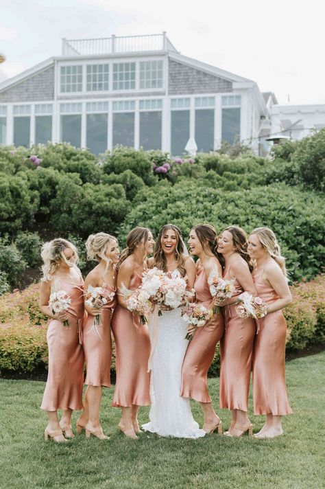 Centerpiece With Pampas, Sunset Bridesmaids, Satin Bridesmaids Dresses, Cape Cod Beach Wedding, Satin Bridesmaids, Coastal Weddings, Peach Dresses, Waterfront Wedding Ceremony, Peach Bridesmaid