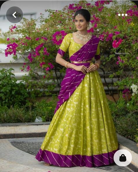 Purple Long Dress Indian, Light Green Combination Dresses, Pattu Saree Combinations Color Combos, Light Green Lehenga Color Combos, Lehanga Colours, Half Saree Colour Combinations, Half Saree Color Combinations, Half Saree Lehenga Color Combinations, Fancy Half Sarees