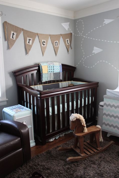 adorable.  Love the blue, gray and white as well as the paper airplane theme Nursery Brown Crib, Nursery Dark Furniture, Gender Neutral Nurseries, Room Color Design, Brown Crib, Brown Nursery, Neutral Nurseries, Pinterest Baby, Baby Nursery Diy