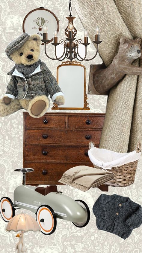 inspiration board featuring baby nursery items such as vintage teddy bears, ride on cars, neutral decor, personalised name hoop. English Country Nursery, Vintage Theme Nursery, Nursery Country, Country Nursery, Nursery Vintage, English Nursery, Vintage Nursery Decor, Baby Nursery Neutral, Theme Nursery