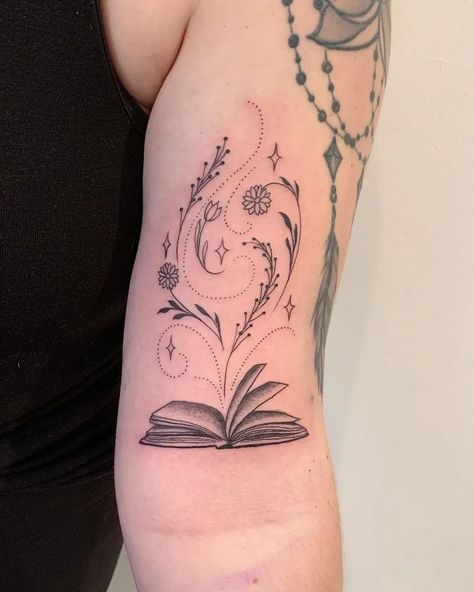 Tattoo uploaded by Brigid Burke Tattoo • Tattoodo Brigid Tattoo, Open Book Tattoo, Bookish Tattoos, Bff Tattoos, Flowers Tattoo, Calf Tattoo, Tattoo Illustration, Discreet Tattoos, Book Tattoo