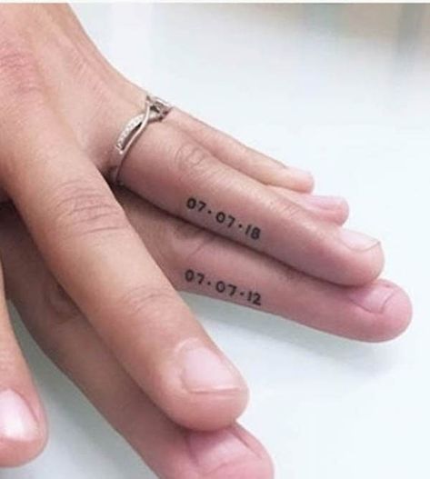 43 Wedding Ring Tattoos To Honor True Love - Our Mindful Life Men Wedding Tattoo, Name On Ring Finger Tattoo, Wedding Anniversary Tattoo Ideas, Last Name Tattoo For Women, Couple Ring Finger Tattoos, Tatoo Ring, Wedding Date Tattoos, Wedding Ring Tattoos, Marriage Tattoos