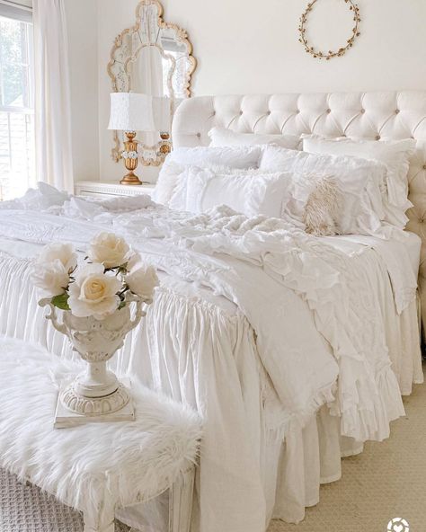 romantic white bedroom | by ivorylanehome : dolce sostenuto Wedding Bedroom Decoration Romantic, Romantic White Bedroom, Feminine Bedroom Romantic, Black Bedroom Decor Ideas, Wedding Bedroom Decoration, Small Bedroom Decor Ideas For Women, Cream And White Bedroom, Bedroom Decor Ideas For Women, White Bedrooms